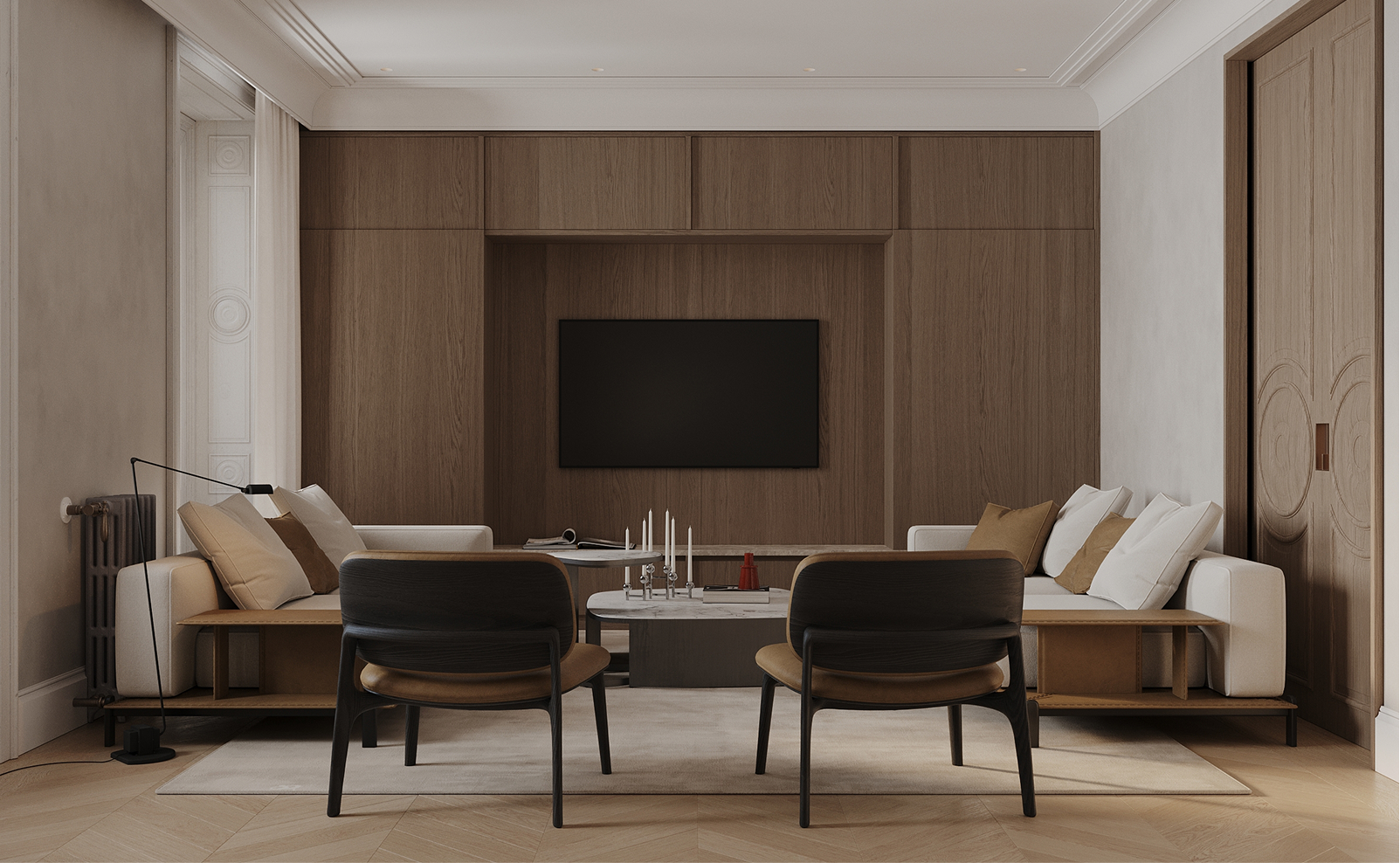 Salón comedor con techos altos en vivienda reformada en Malasaña, Madrid