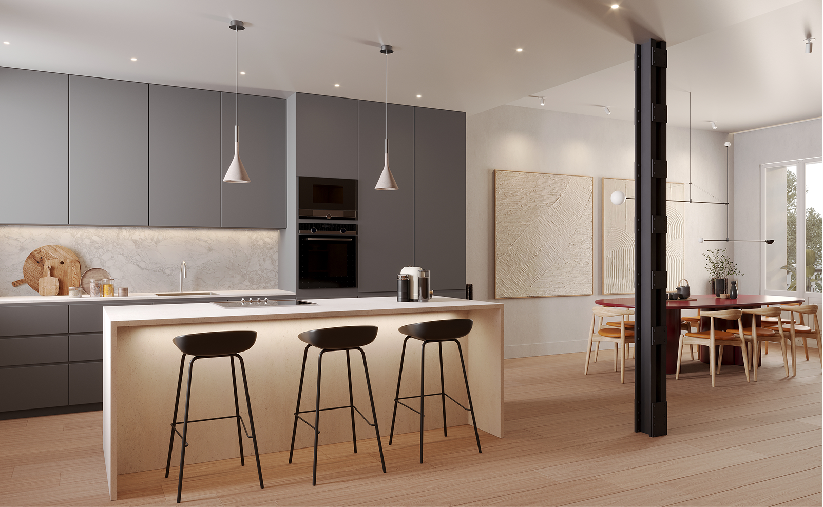 Cocina abierta integrada al salón con diseño contemporáneo y acabados de alta gama.