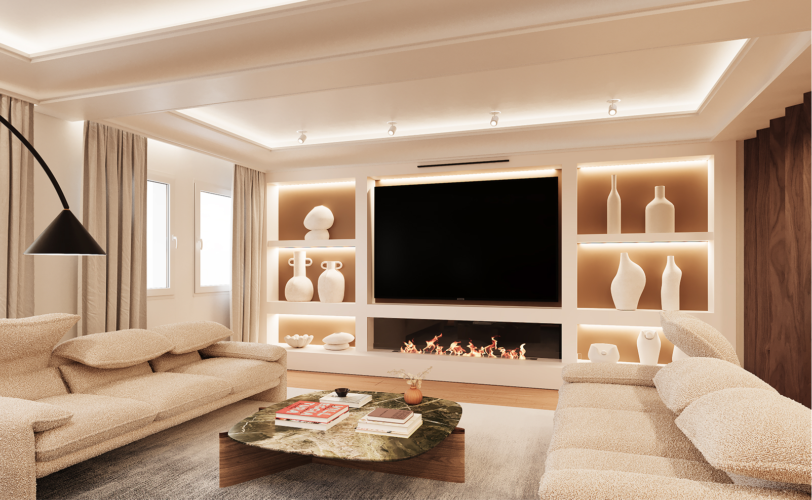 Salón con zona de televisión en vivienda de lujo reformada en Almagro, Chamberí, Madrid