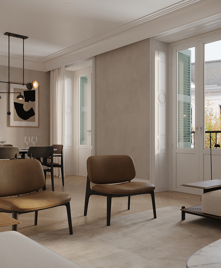 Salón comedor con techos altos en vivienda reformada en Malasaña, Madrid