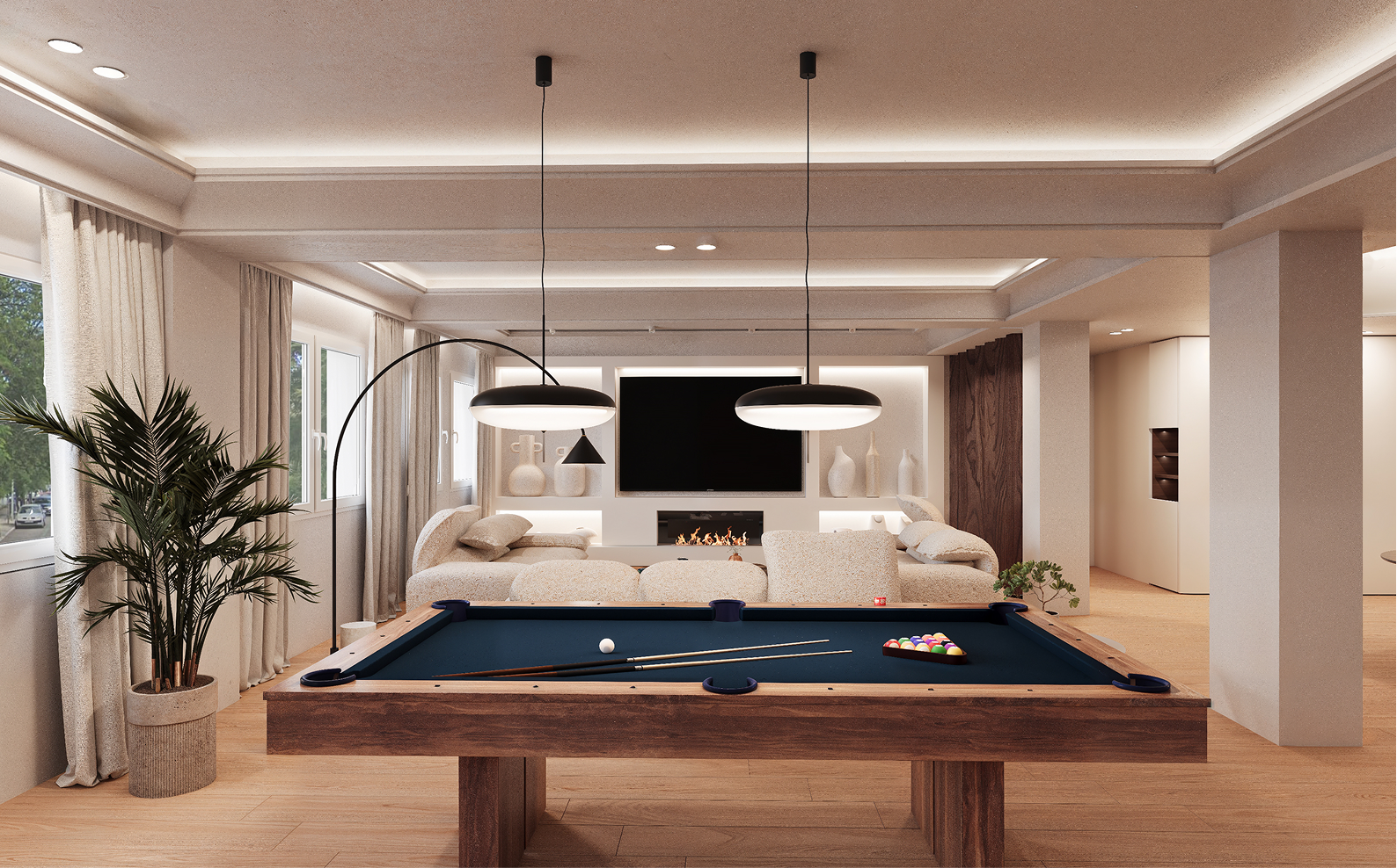 Salón con mesa de billar en vivienda de lujo reformada en Almagro, Chamberí, Madrid