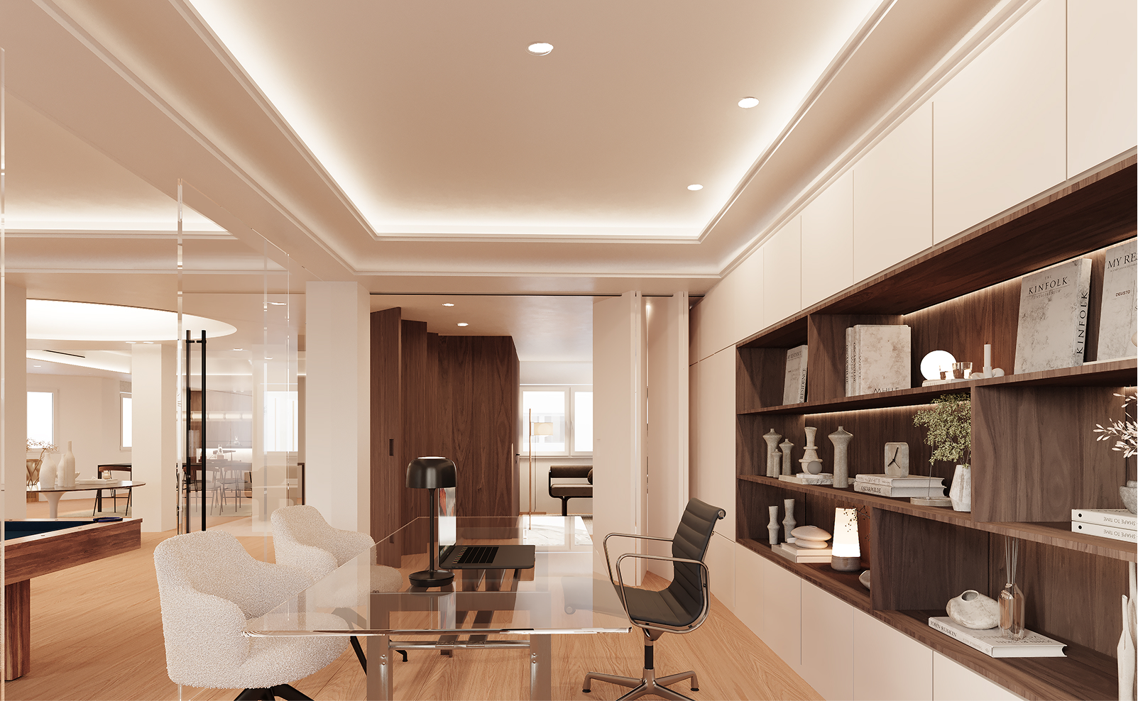 Salón con zona de escritorio en vivienda de lujo reformada en Almagro, Chamberí, Madrid