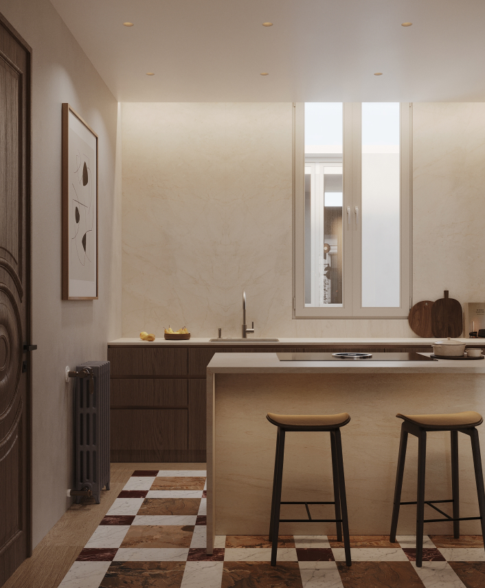 Isla de cocina en vivienda reformada en Malasaña, Madrid