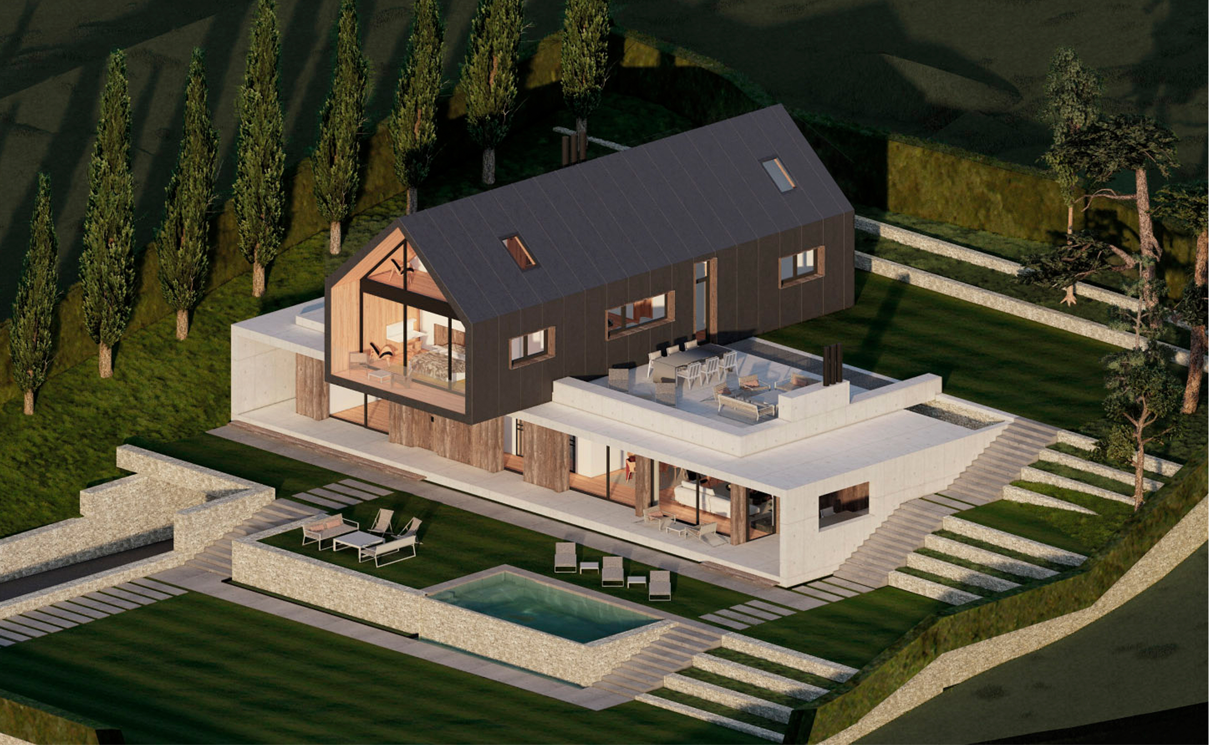 Vista cenital de casa contemporánea con piscina infinity en Navacerrada