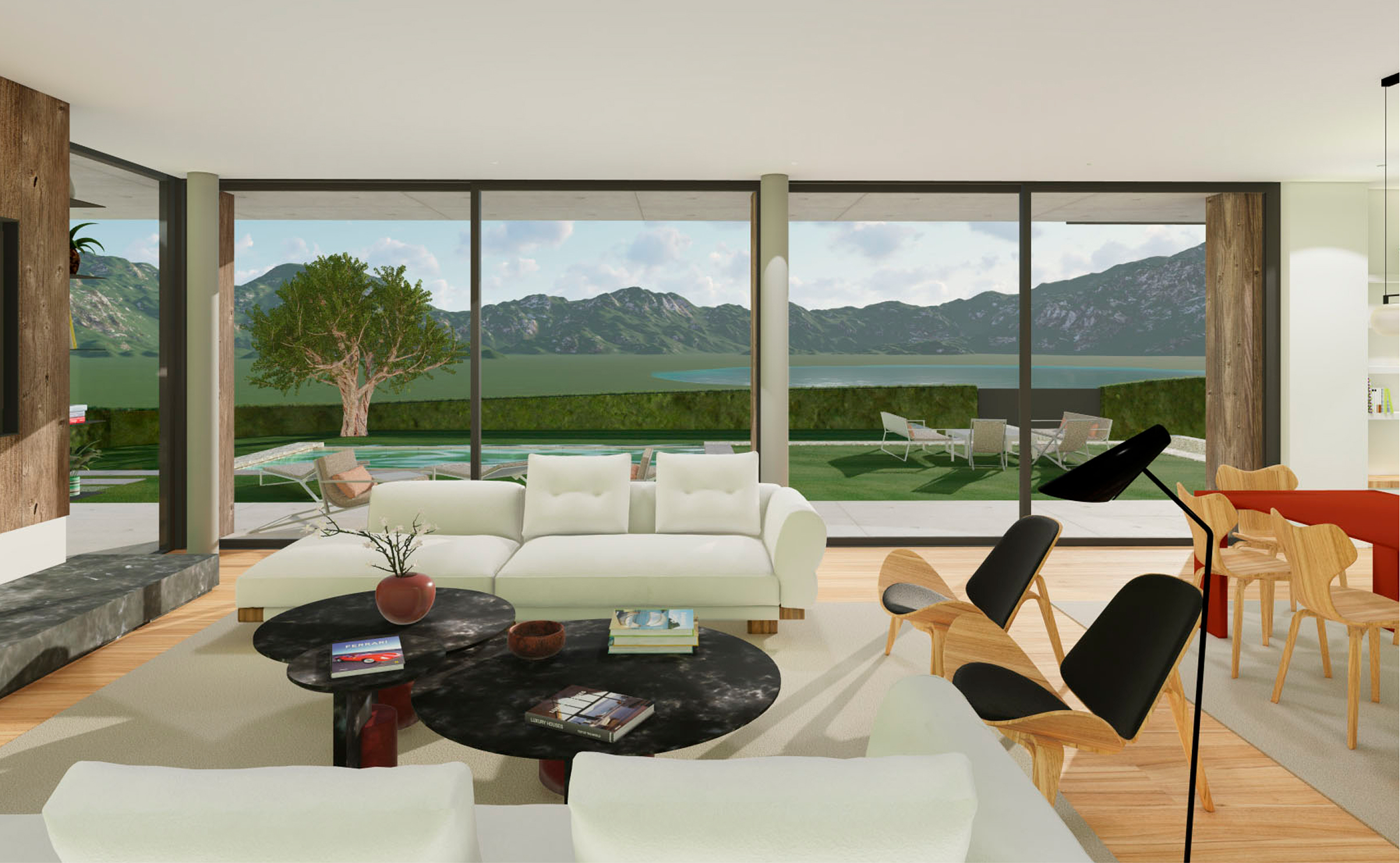 Salón con vistas al embalse de Navacerrada en vivienda contemporánea